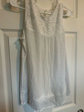 Women's White Eyelet Tank Top with Crochet Yoke